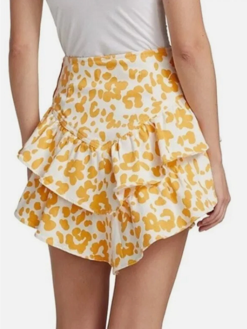MOTHER Yellow Floral Leopard Tiered Ruffle Mini Skirt